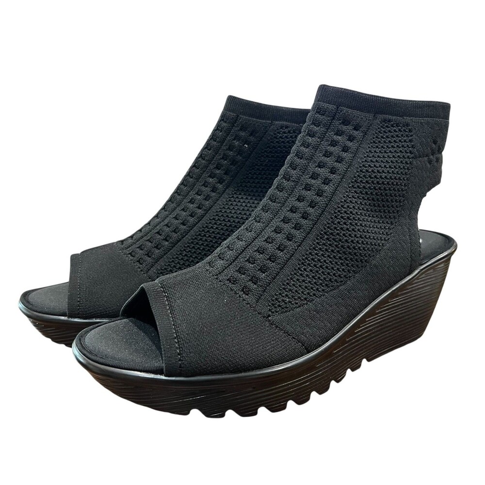 Skechers Parallel Black Stretch Memory Foam Peep Toe Platform Ankle Bootie US 8